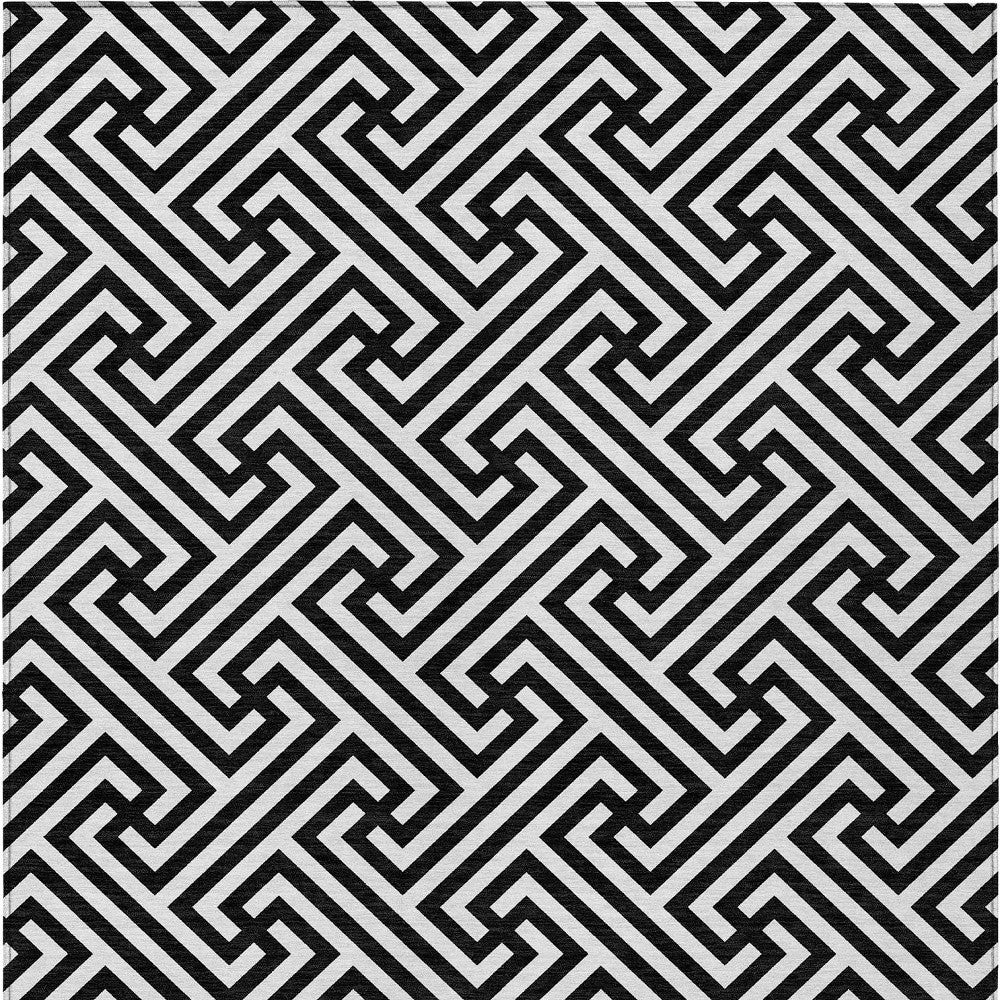 9' X 12' Black And Ivory Geometric Washable Indoor Outdoor Area Rug