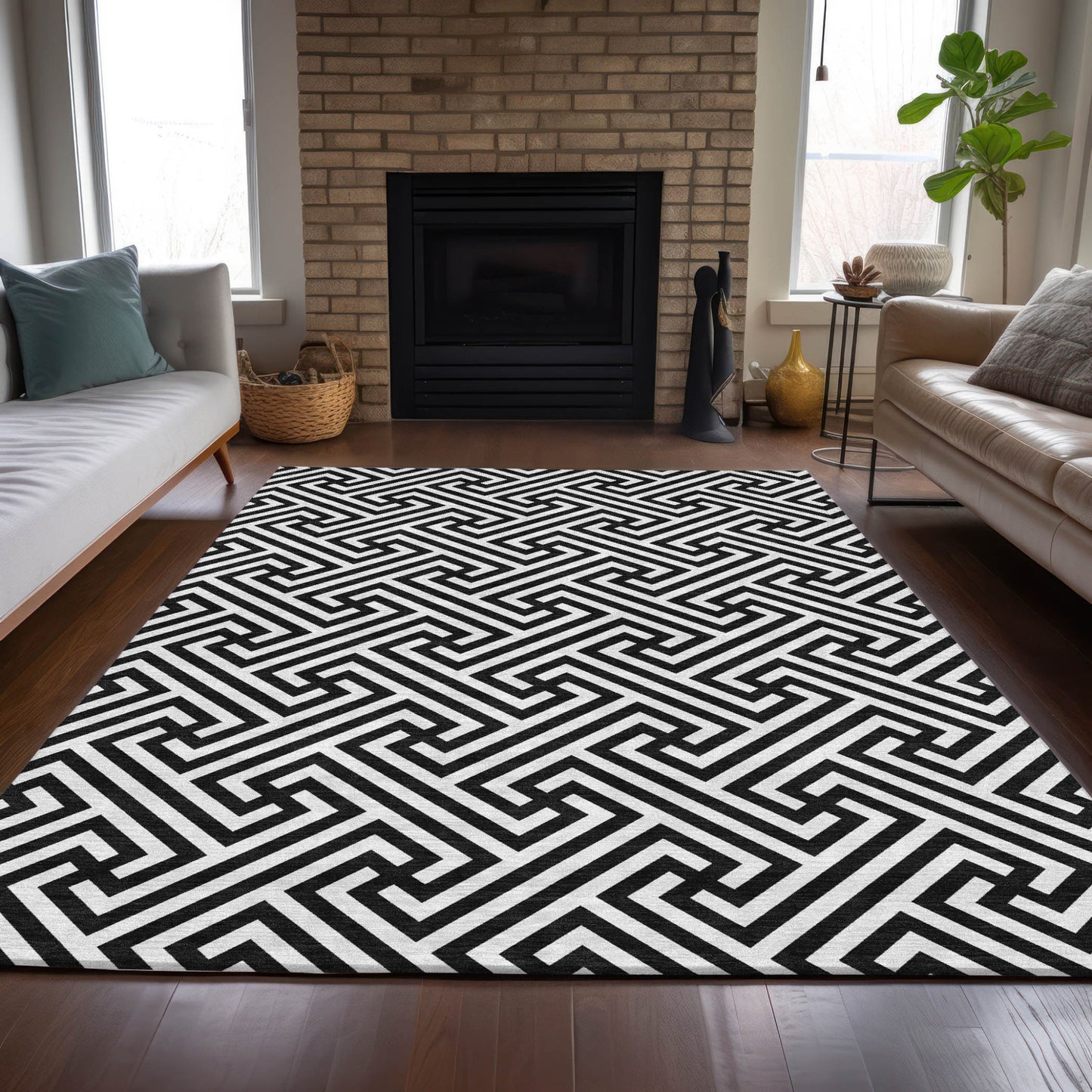 9' X 12' Black And Ivory Geometric Washable Indoor Outdoor Area Rug