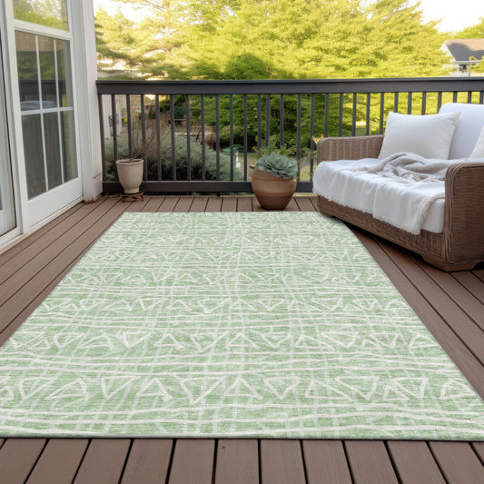 3' X 5' Mint Green Artichoke Green And Ivory Geometric Washable Indoor Outdoor Area Rug