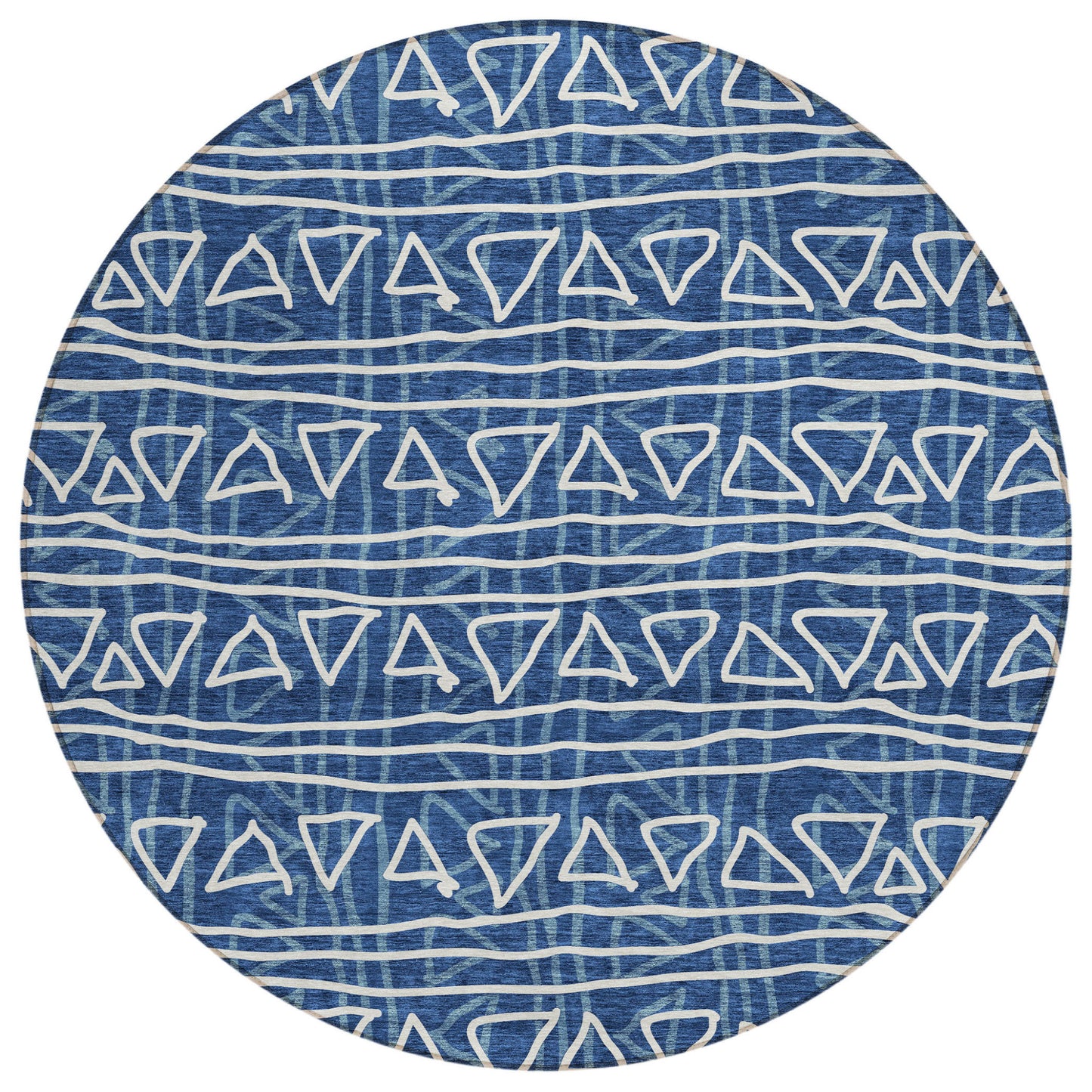 8' Navy Blue And Ivory Round Geometric Washable Indoor Outdoor Area Rug