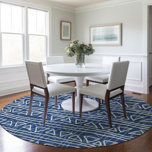 8' Navy Blue And Ivory Round Geometric Washable Indoor Outdoor Area Rug