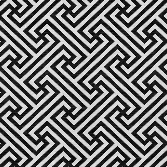 9' X 12' Black And Ivory Geometric Washable Indoor Outdoor Area Rug