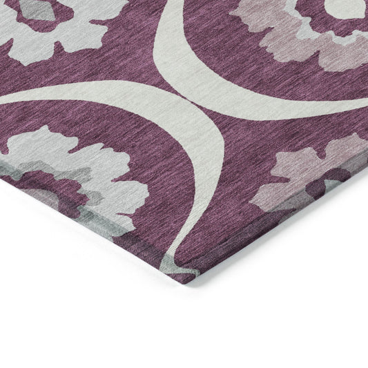 5' X 8' Eggplant Ivory And Gray Medallion Washable Indoor Outdoor Area Rug